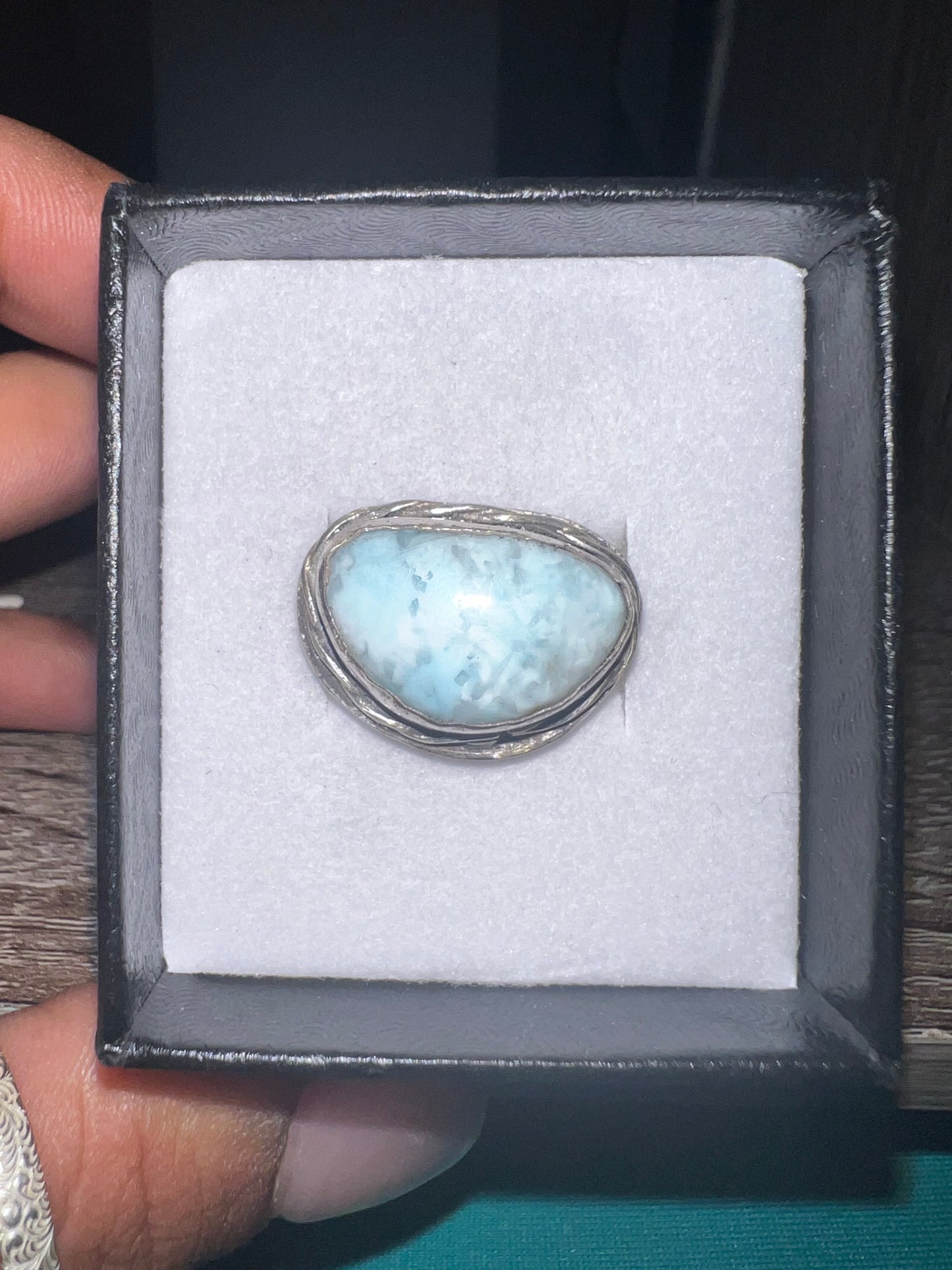 Ocean Whisper – Larimar Ring with Hammered Copper Band (Size 8)