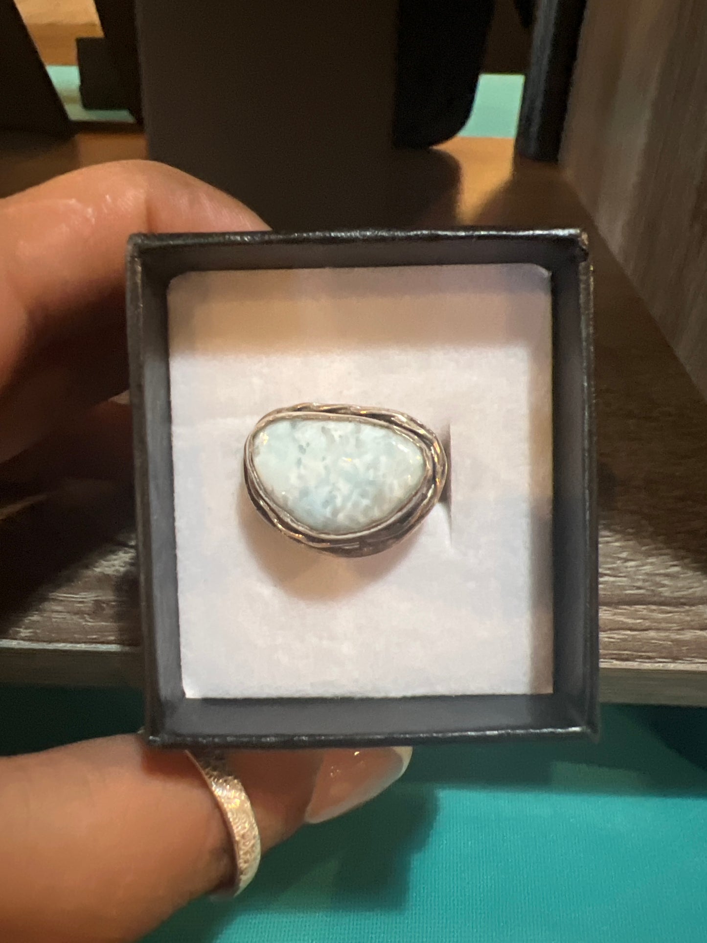 Ocean Whisper – Larimar Ring with Hammered Copper Band (Size 8)