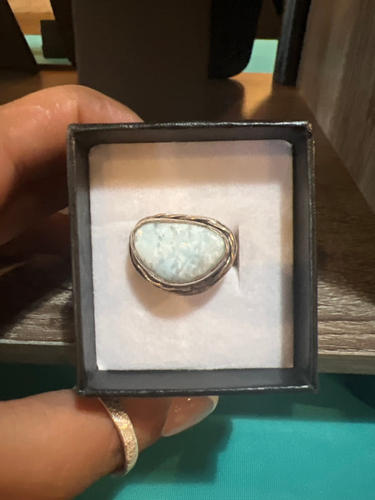 Ocean Whisper – Larimar Ring with Hammered Copper Band (Size 8)