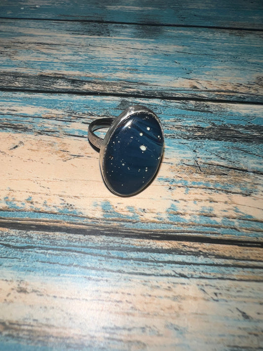 Blue Goldstone Galaxy Ring – Sterling Silver Oval Starry Night Stone