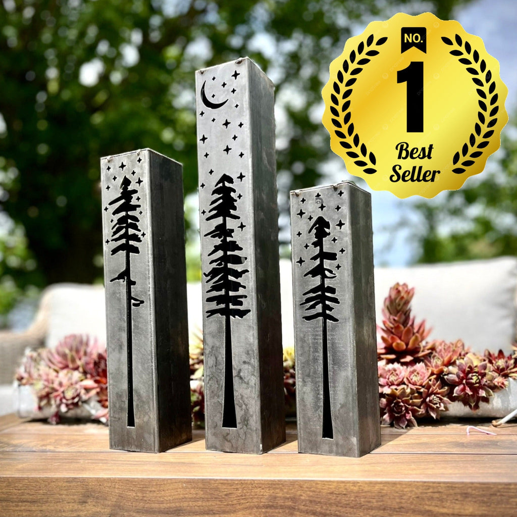 Pine Tree Night Sky Luminary Pillars w/ Solar Cap